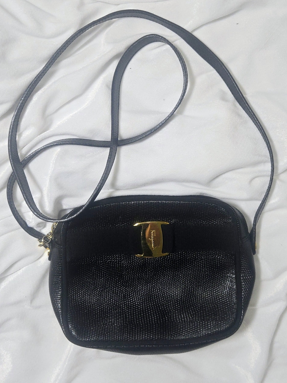 Salvatore Ferragamo Black Crossbody with Gold Vara Buckle